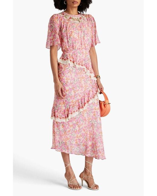 Saloni Pink Ruffled Floral-print Silk-chiffon Maxi Dress