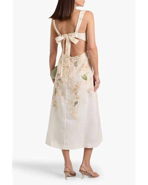Zimmermann Natural Bow-Detailed Floral-Print Linen Midi Dress