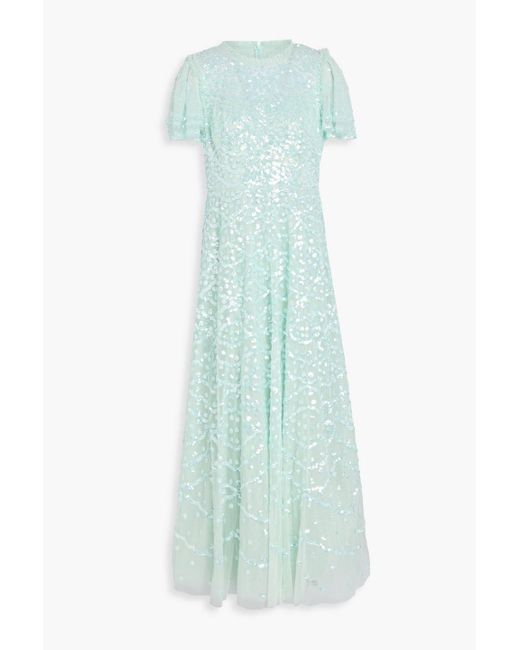Needle & Thread Blue Sequined Tulle Gown