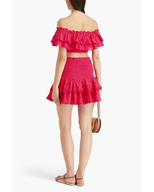 Charo Ruiz Red Clara Cropped Off-The-Shoulder Broderie Anglaise Cotton-Blend Top