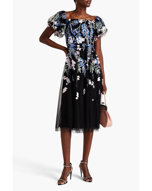 Marchesa Black Embroidered Tulle Midi Dress