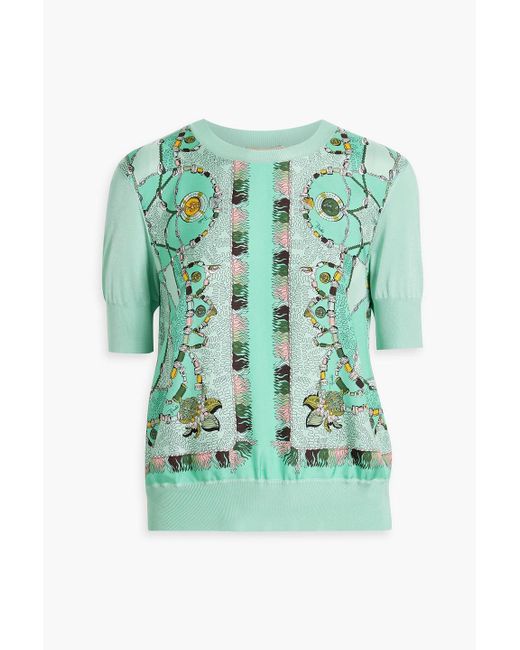 Emilio Pucci Green Printed Silk-twill Paneled Knitted Top