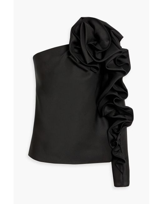 Carolina Herrera Black One-Sleeve Floral-Appliquéd Silk Top