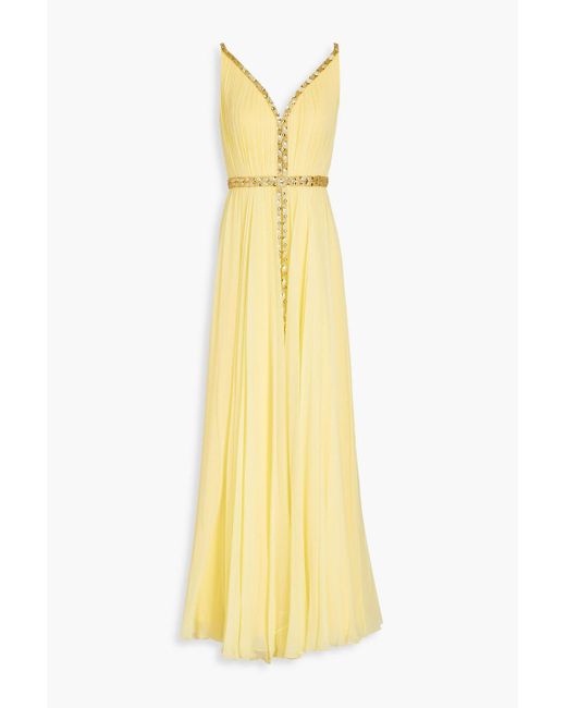 Jenny Packham Yellow Embellished Plissé-chiffon Gown