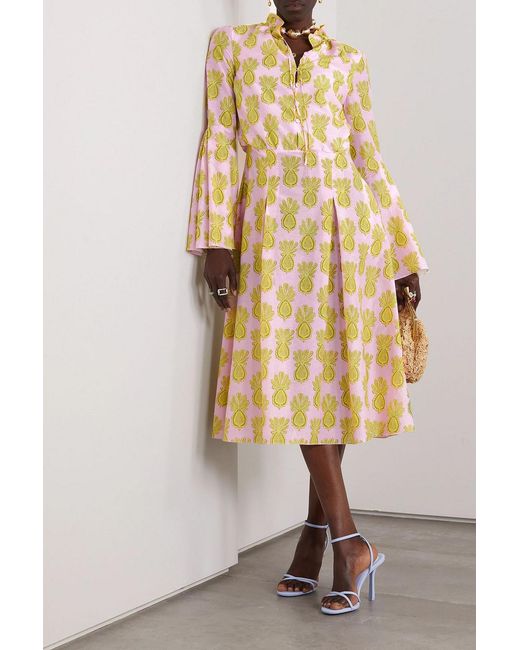 LaDoubleJ Yellow Casanova Pleated Cotton And Silk-Blend Midi Dress