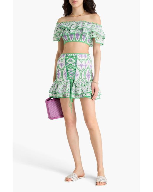 Charo Ruiz Green Clara Cropped Off-The-Shoulder Broderie Anglaise Cotton-Blend Top