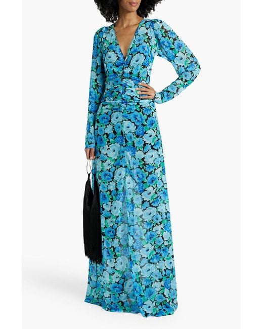 ROTATE BIRGER CHRISTENSEN Blue Ruched Floral-print Chiffon Maxi Dress