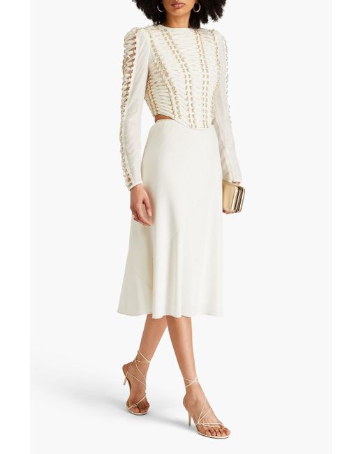 Zimmermann White Lace-up Embellished Linen And Silk-blend Top