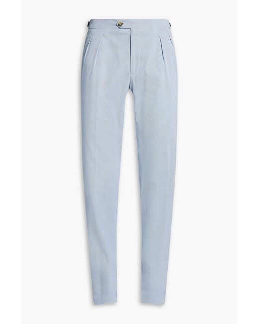 Canali Blue Tapered Pleated Striped Cotton-Blend Pants for men