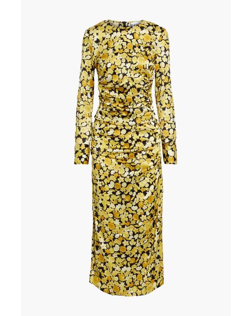 Ganni Yellow Pleated Floral-print Silk-blend Satin Midi Dress