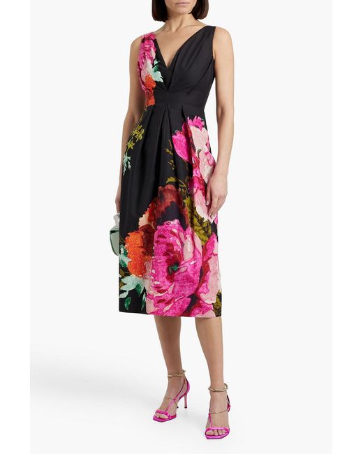 Erdem Red Pleated Floral-Print Cotton-Faille Midi Dress