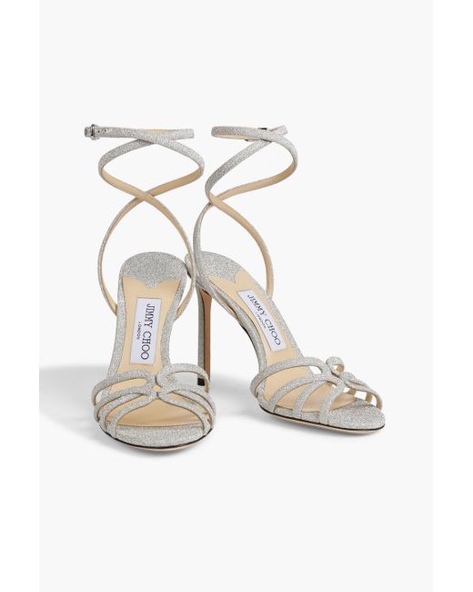 Jimmy Choo White Mimi 100 Glittered Woven Sandals