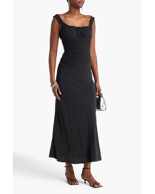 Staud Black Nic Ruched Washed Silk Crepe De Chine Maxi Dress