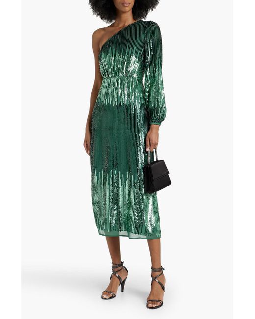 Rixo Green Bradshaw One-sleeve Sequined Tulle Midi Dress