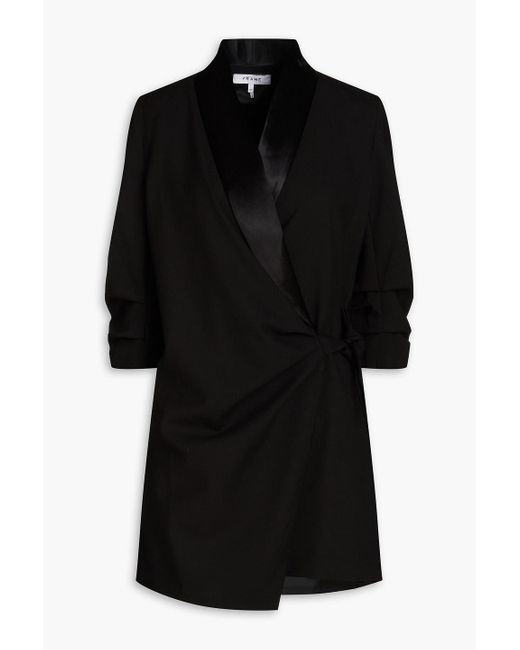 FRAME Black Tuxedo Satin-trimmed Wool Mini Wrap Dress