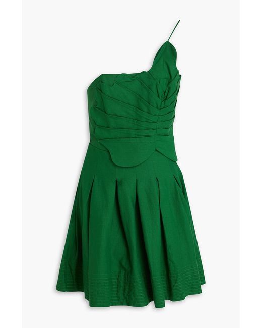 Farm Rio Green One-shoulder Pleated Linen-blend Mini Dress