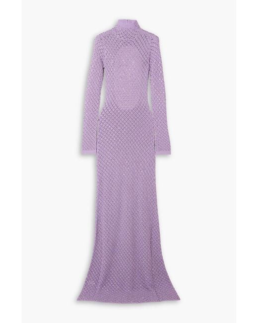 David Koma Purple Open-back Crystal-embellished Pointelle-knit Maxi Dress