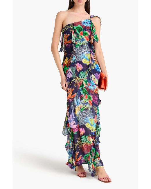 Farm Rio White One-Shoulder Ruffled Printed Georgette Maxi Dress