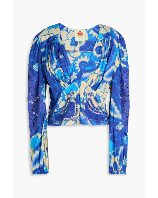 Farm Rio Blue Printed Laser-Cut Cotton-Gauze Top