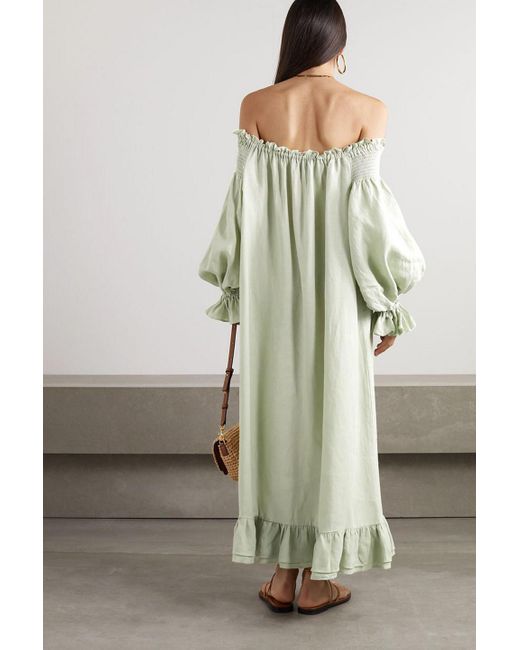 Sleeper Green Romantica Off-the-shoulder Ruffled Linen Midi Dress