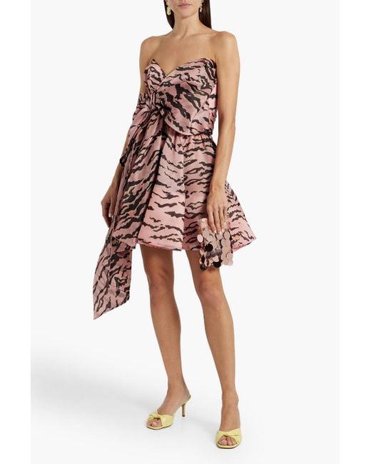 Zimmermann Pink Strapless Bow-detailed Zebra-print Silk-organza Mini Dress