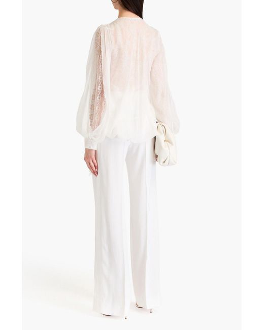 Alberta Ferretti White Tie-front Layered Silk-voile And Corded Lace Blouse