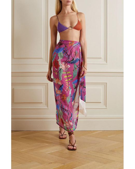 PATBO White Pareo "zamia" aus chiffon mit print, häkelbesatz und fransen
