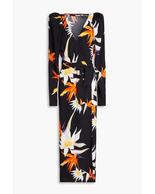 ROTATE BIRGER CHRISTENSEN Black Floral-print Satin-jacquard Midi Wrap Dress