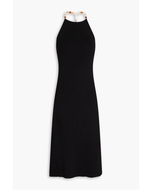 Maje Black Embellished Ribbed-knit Midi Dress