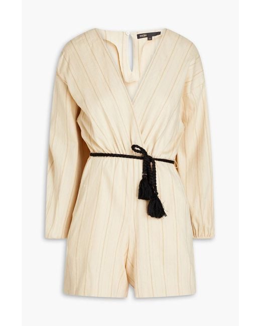 Maje Natural Wrap-effect Pinstriped Twill Playsuit