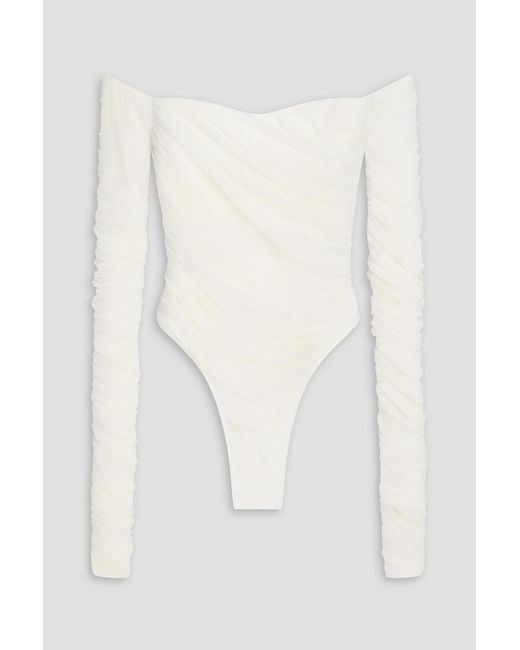 Mugler White Ruched Stretch-Tulle Bodysuit