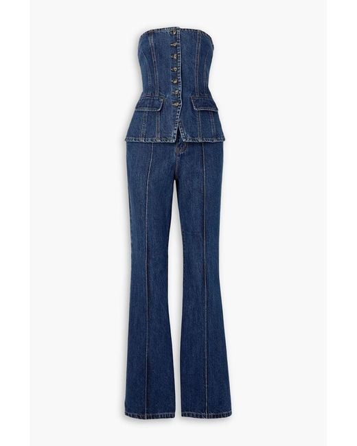 Self-Portrait Blue Convertible Strapless Denim Jumpsuit