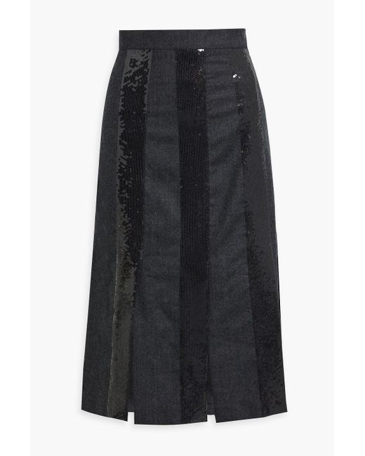 Brunello Cucinelli Black Sequin-embellished Striped Wool-flannel Midi Skirt