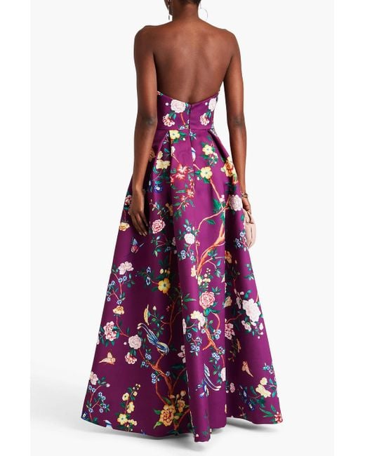 Marchesa Purple Strapless Embellished Floral Print Satin Gown