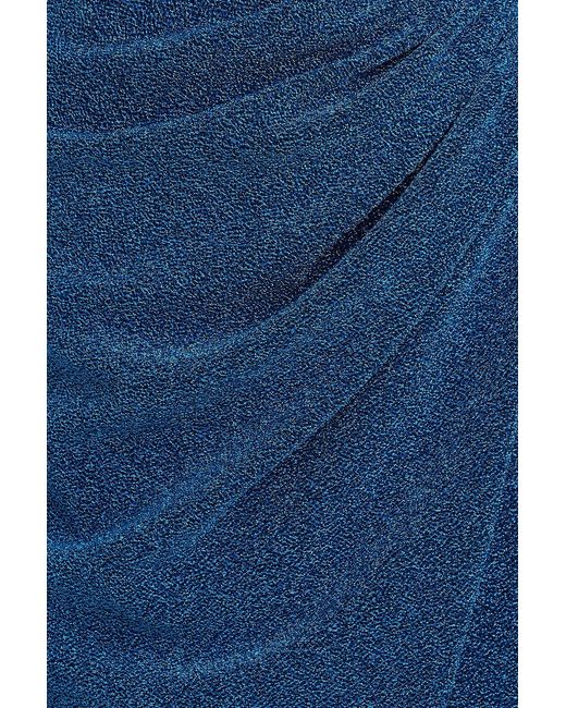 Rhea Costa Blue Off-the-shoulder Wrap-effect Metallic Jersey Gown