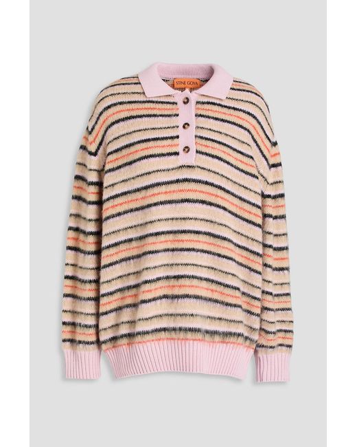 Stine Goya White Striped Intarsia-Knit Polo Sweater