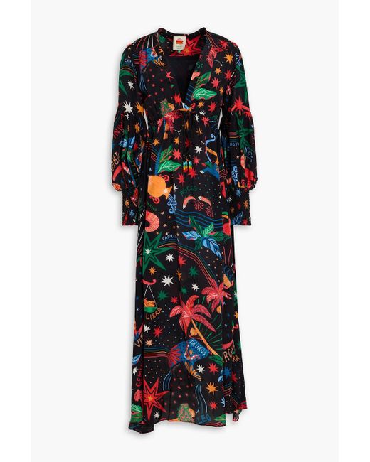 Farm Rio Black Bead-embellished Printed Satin Maxi Dress