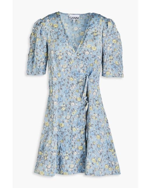 Ganni Blue Floral-print Crinkled-satin Mini Wrap Dress