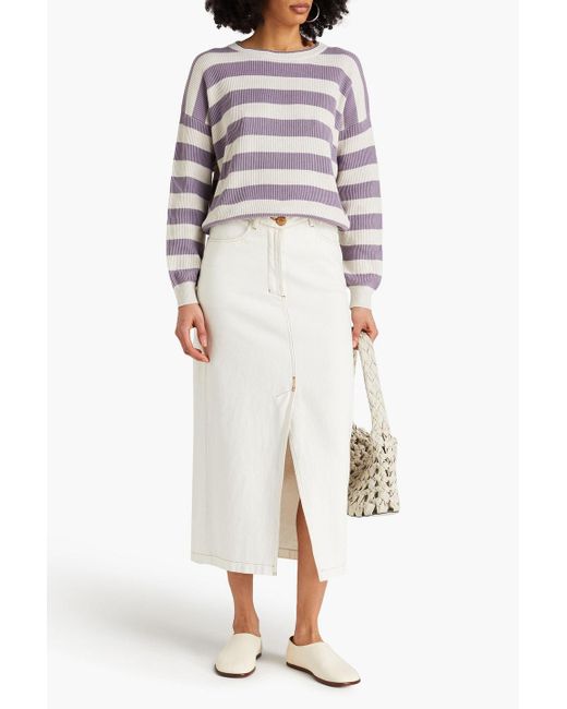 Brunello Cucinelli White Bead-embellished Striped Ribbed Cotton Sweater