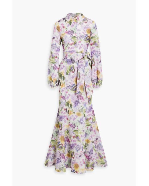 Badgley Mischka White Floral-Print Taffeta Maxi Dress