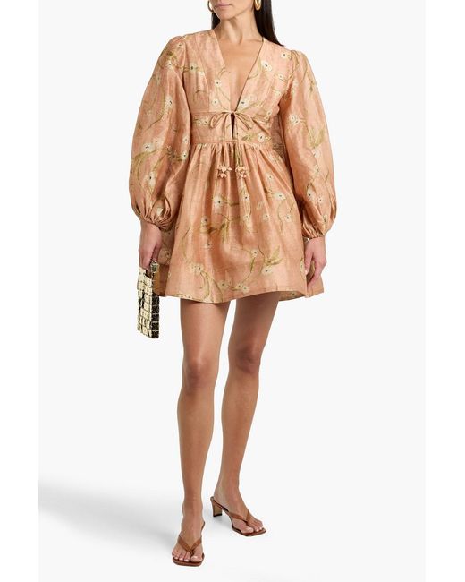Zimmermann Natural Embroidered Floral-Print Linen And Silk-Blend Gauze Mini Dress