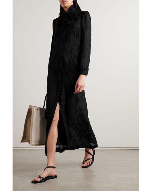 Lisa Marie Fernandez Black Pussy-bow Crinkled Linen-blend Gauze Maxi Dress