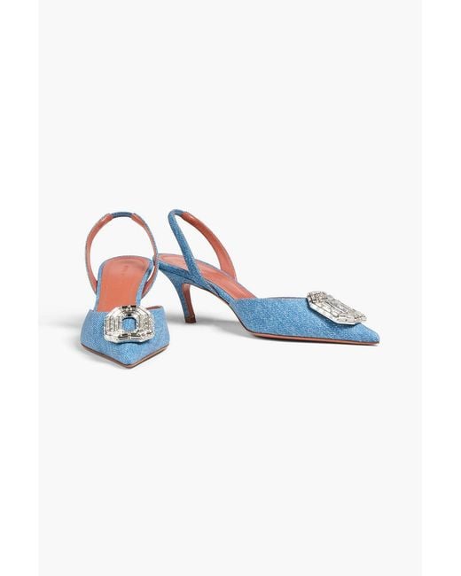 AMINA MUADDI Blue Camelia Embellished Denim-effect Print Leather Slingback Pumps