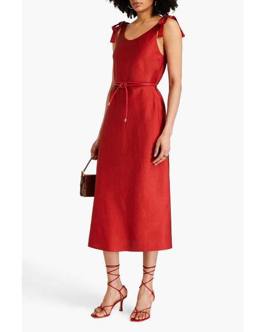 Zimmermann Red Faux Leather-trimmed Belted Satin Midi Dress