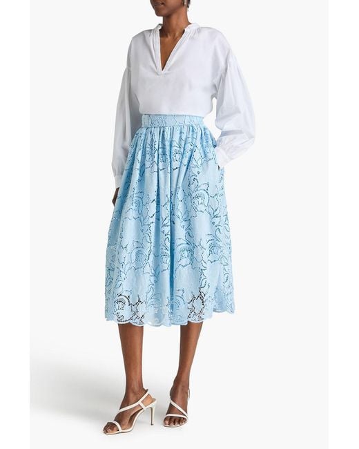 Erdem Blue Gathered Guipure Lace Midi Skirt