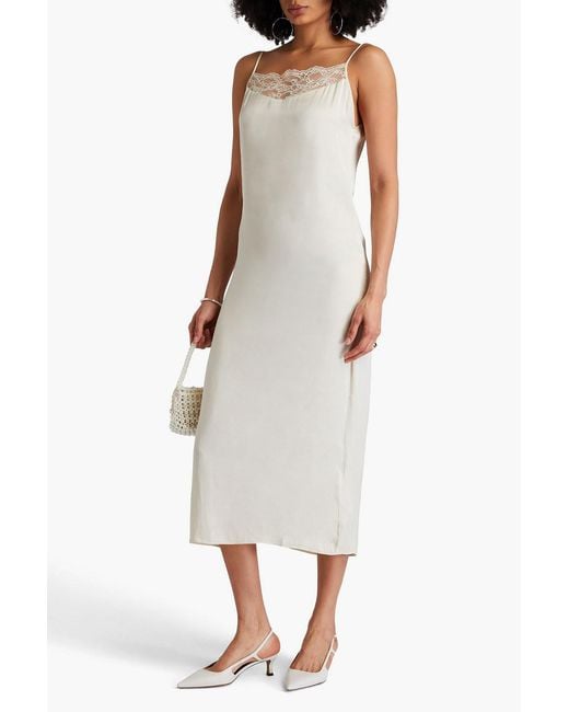 Maje White Lace-Trimmed Satin Midi Slip Dress
