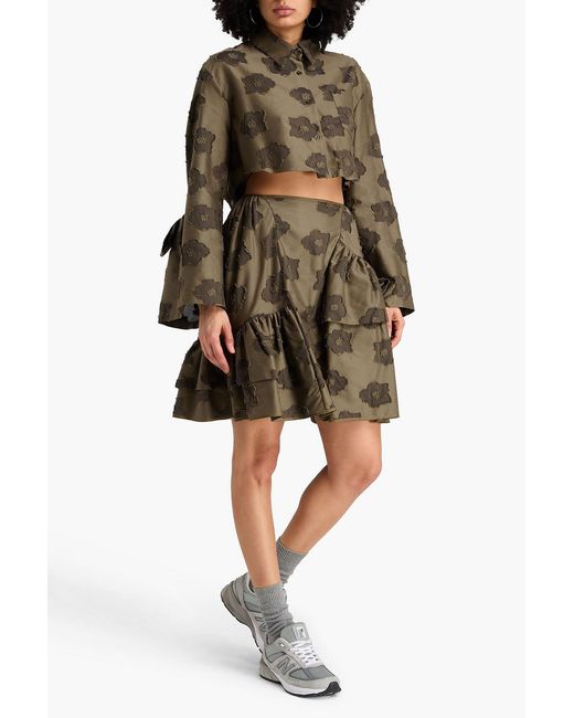 CECILIE BAHNSEN Green Vinh Cropped Cotton-Jacquard Shirt