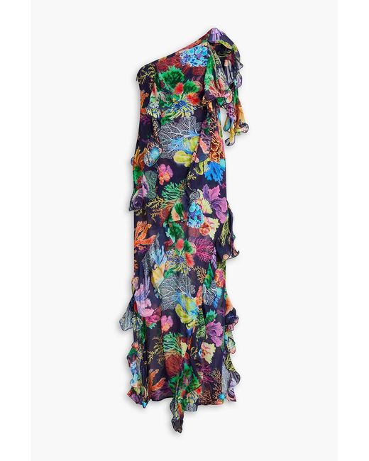 Farm Rio White One-Shoulder Ruffled Printed Georgette Maxi Dress