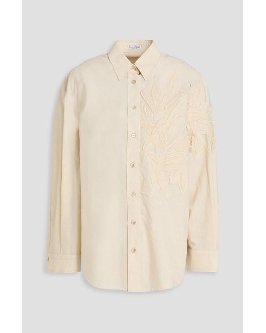 Brunello Cucinelli Natural Appliquéd Cotton-Blend Poplin Shirt