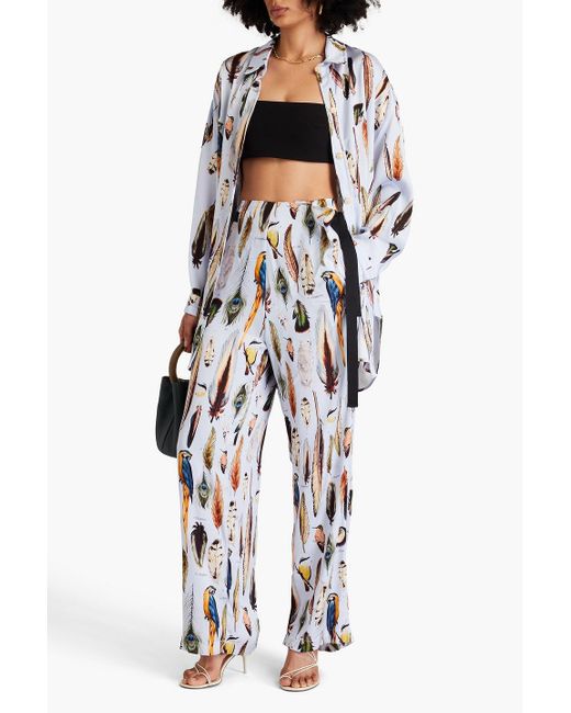 Agua Bendita White Memoria Pluma Printed Satin Wide-leg Pants